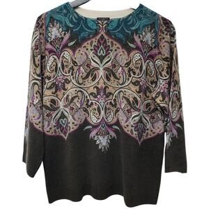 TALBOTS Petites Audrey Pure Cashmere Sweater Paisley Brown Turquoise Women's XLP